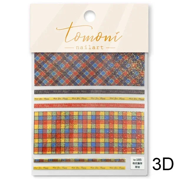 French Style Colorful Square Grid Rhombus Stripe Bowknot Line 3D Self Adhesive Nail Art Stickers Shiny Rhinestone Manicure Decal (Online Order Only)