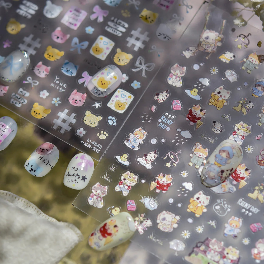 Cute Little Cat Colourful Flower Bowknot Umbrella Rain Boot Paintings Paper Boat Daisy Duckling Nail Art Sticker Manicure Decals (ONLINE ORDER ONLY)