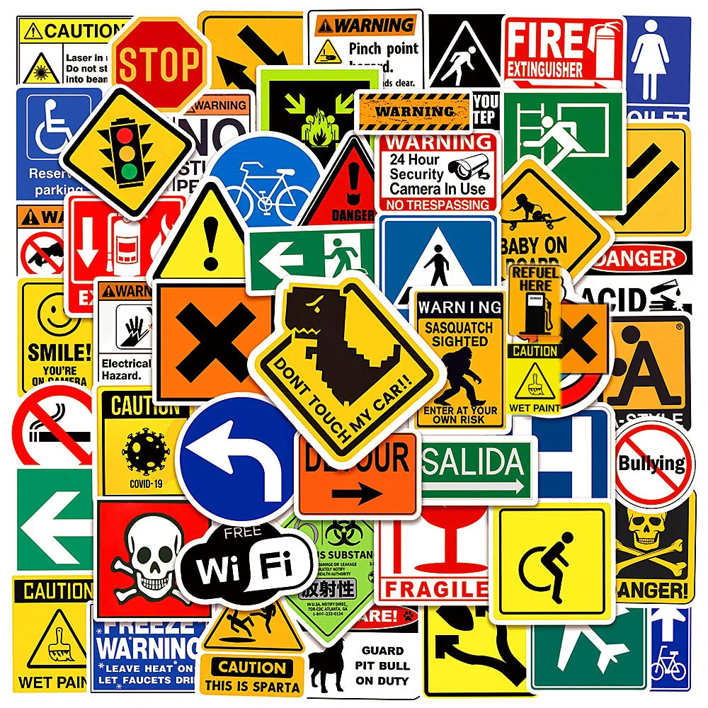 10/30/50/100pcs Cool Warning Sign Graffiti Stickers  Danger Banning Decals Motorcycle Laptop Skateboard Phone Waterproof Sticker (Online Order Only)