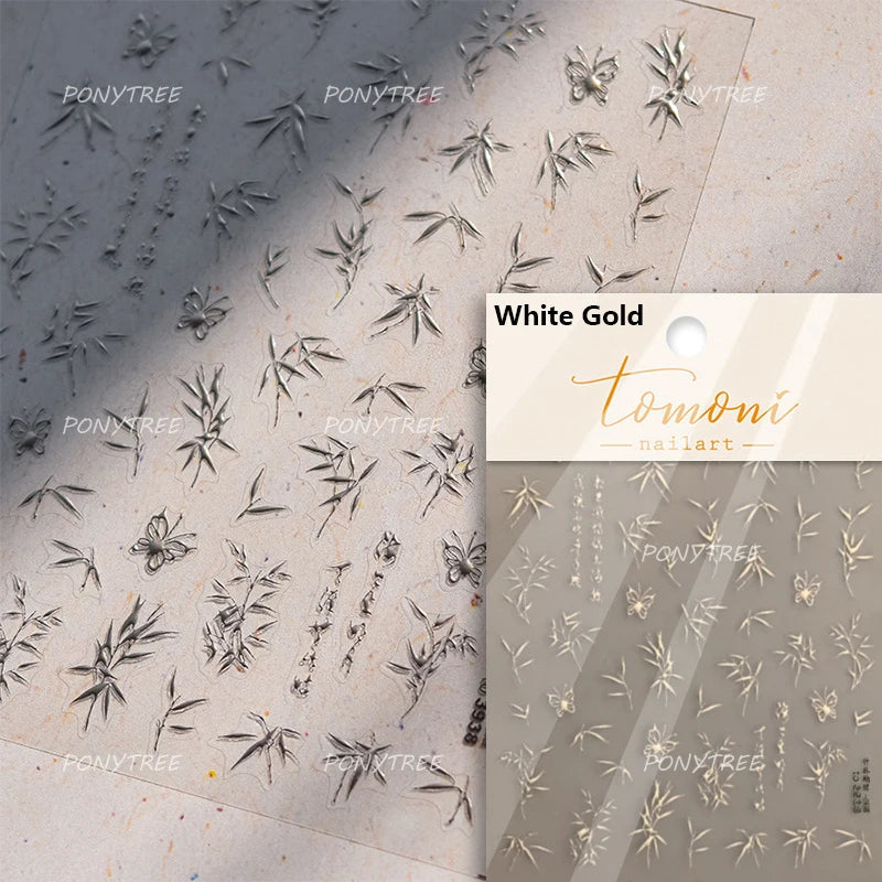 Antique Bamboo Leaf Hot Stamping Plant Botany Calligraphy Characters Self Adhesive Nail Art Stickers Rhinestone Manicure Decals (ONLINE ORDER ONLY)