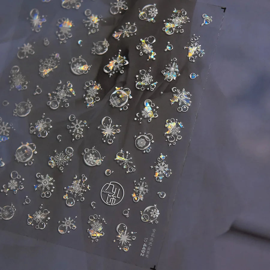 Shiny White Pink Blue Gold Snowflakes Hexagon Water Bubbles Winter 5D Self Adhesive Nail Art Stickers Rhinestone Manicure Decals (ONLINE ORDER ONLY)