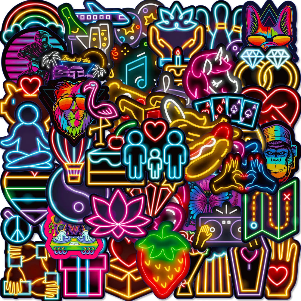 Neon Cartoon Stickers for DIY: Suitcase, Water Bottle, Phone, Laptop, Guitar, Car, Motorcycle, Skateboard (10/25/50pcs) (Online Order Only)