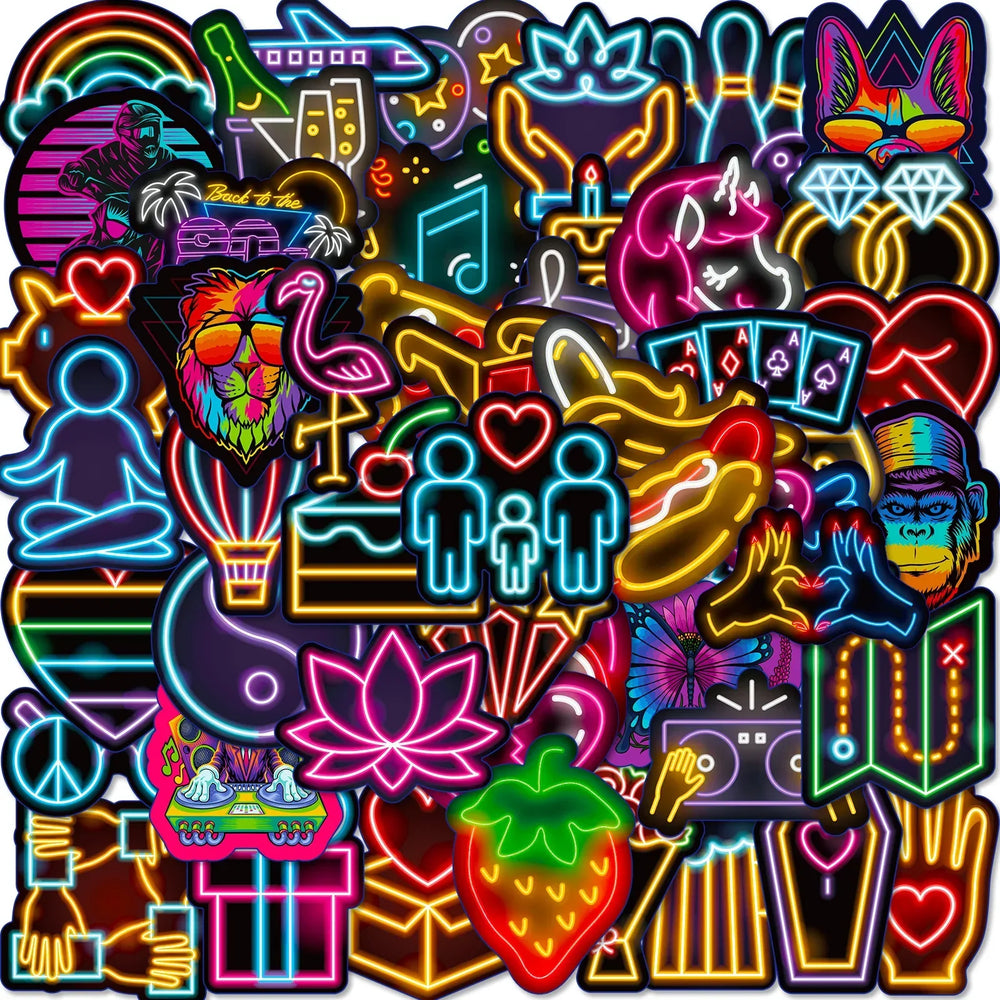 Neon Cartoon Stickers for DIY: Suitcase, Water Bottle, Phone, Laptop, Guitar, Car, Motorcycle, Skateboard (10/25/50pcs) (Online Order Only)