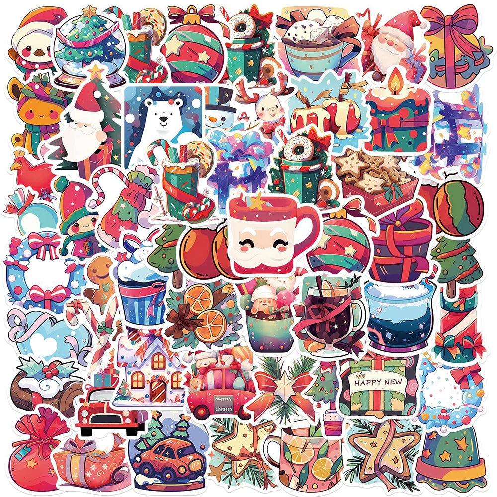 10/30/50PCS Cute Christmas Cartoon Stickers Santa Claus Decals Toys DIY Skateboard Fridge Phone Funny Waterproof Graffiti Gift (ONLINE ORDER ONLY)