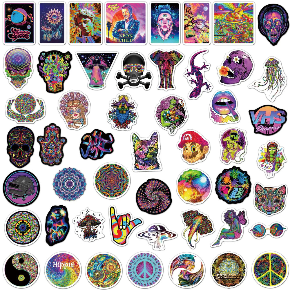 50pcs Hippy Psychedelic Graffiti Stickers Pack Phone Case Ipad Motorcycle DIY Sticker Scrapbooking Supplies Journal Accessories (Online Order Only)