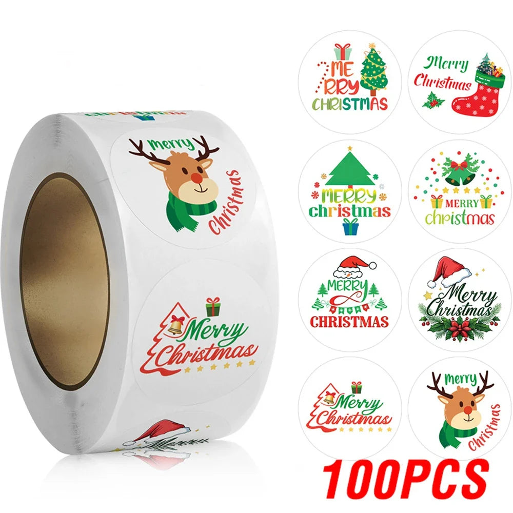 100-500pcs Christmas Tree Santa Claus Merry Christmas Stickers 2.5cm Thank You Stickers for Gift Sealing Holiday Candy Bag Decor (ONLINE ORDER ONLY)