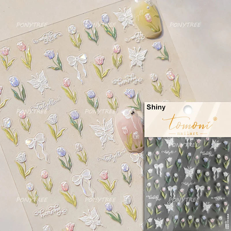 Cute  Pink Blue Nature Tulip Star Heart Butterfly Peach Blossom Jelly Embossed Relief Adhesive Nail Art Stickers Manicure Decals (ONLINE ORDER ONLY)