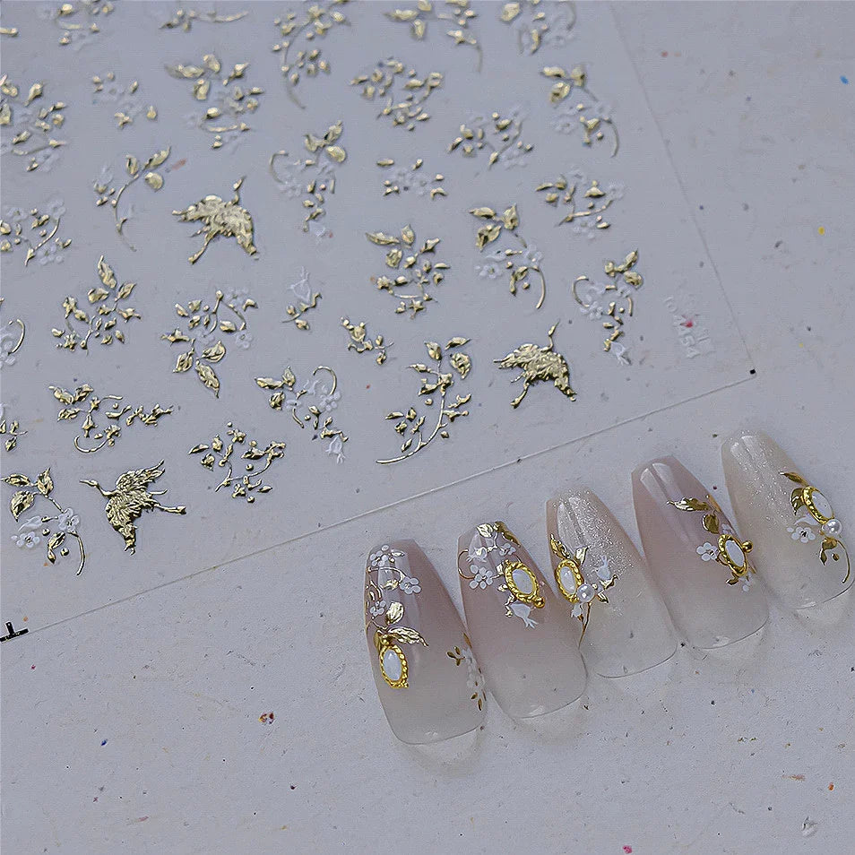 Dried Flowers Rose Butterfly Love Heart Golden Stroke Flying Crane Silver Adhesive Nail Art Stickers Rhinestone Manicure Decals (ONLINE ORDER ONLY)