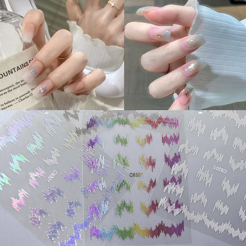 6pcs/Set High Gloss Reflective Glitter 3D Nail Sticker Silver Dark-Shiny Effect Press On Nails Decals Decor DIY Adhesive Sliders (ONLINE ORDER ONLY)