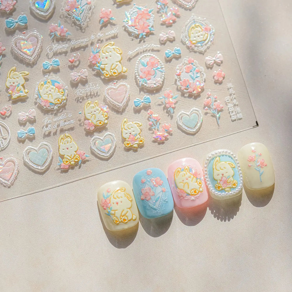 Peach Blossom Flower Yellow Rabbit Bunny Love Heart Delicate Totem 5D Self Adhesive Nail Art Stickers Rhinestone Manicure Decals (ONLINE ORDER ONLY)
