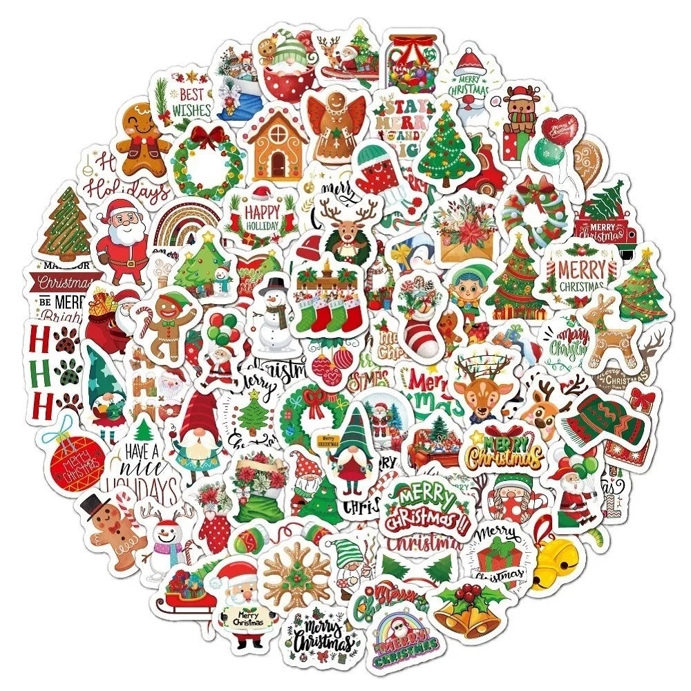 50/100Pcs Cartoon Santa Claus Christmas Tree Graffiti Stickers Skateboard Water Bottle Suitcase Stickers Waterproof Classic Toy (ONLINE ORDER ONLY)