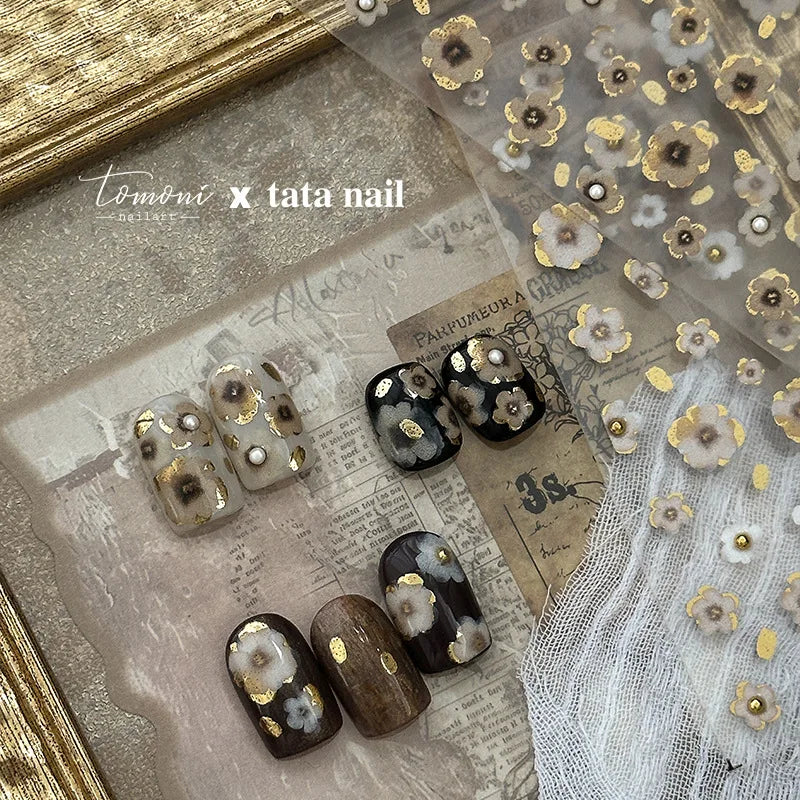 Retro Flowers Petal Pearl Rhinestones Halo Dyeing Chic Daisy Vintage Gold Foil  Floral Designs Nail Art Stickers Manicure Decals (ONLINE ORDER ONLY)