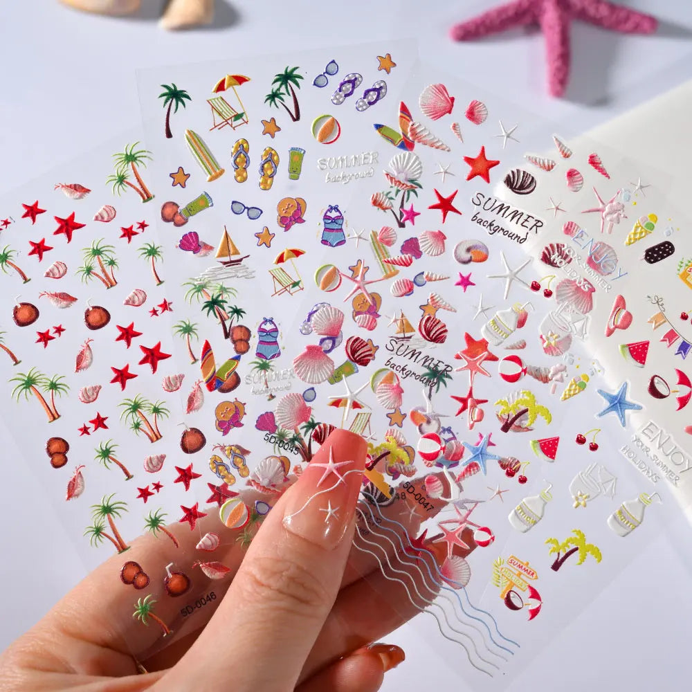 Summer Sea Shell 5D Nail Art Sticker Tropical Beach Coconut Slippers Decals Embossed  Conch Starfish Ocean Theme Nail Art Decor* (ONLINE ORDER ONLY)