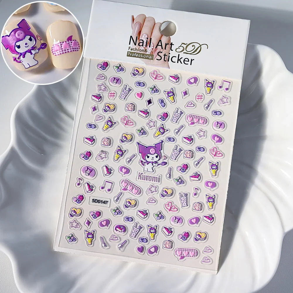1pc 5D Cartoon Nail Art Stickers Waterproof Matte Finish with Kuromi, Cinnamoroll & Hello Kitty Designs Perfect for DIY Manicure (Online Order Only)
