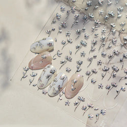 Mini Three Leaf Flower Magnolia Lotus Flower Stem Gradual Petal Line Arc Metal Sillver Delicate Nail Art Stickers Manicure Decal (Online Order Only)