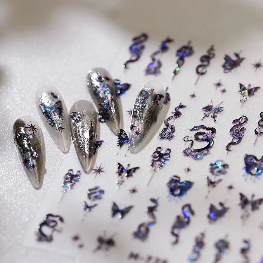 Dark Sword Coiled Snake Cross Butterfly Wing Starburst Starlight Gothic Reptile Animals Nail Art Sticker Festival Manicure Decal (ONLINE ORDER ONLY)