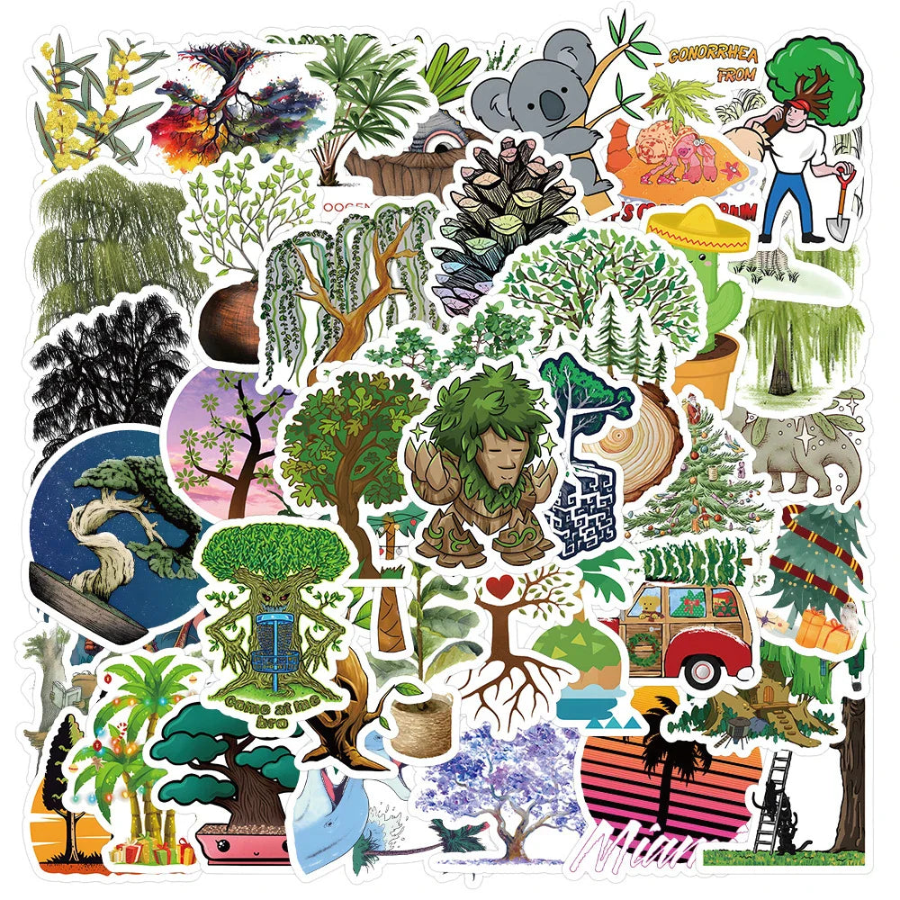Vintage Cartoon Forest Tree Stickers Decals - Waterproof for Skateboard, Laptop, Car, Luggage, Fridge (10/30/50pcs) (Online Order Only)