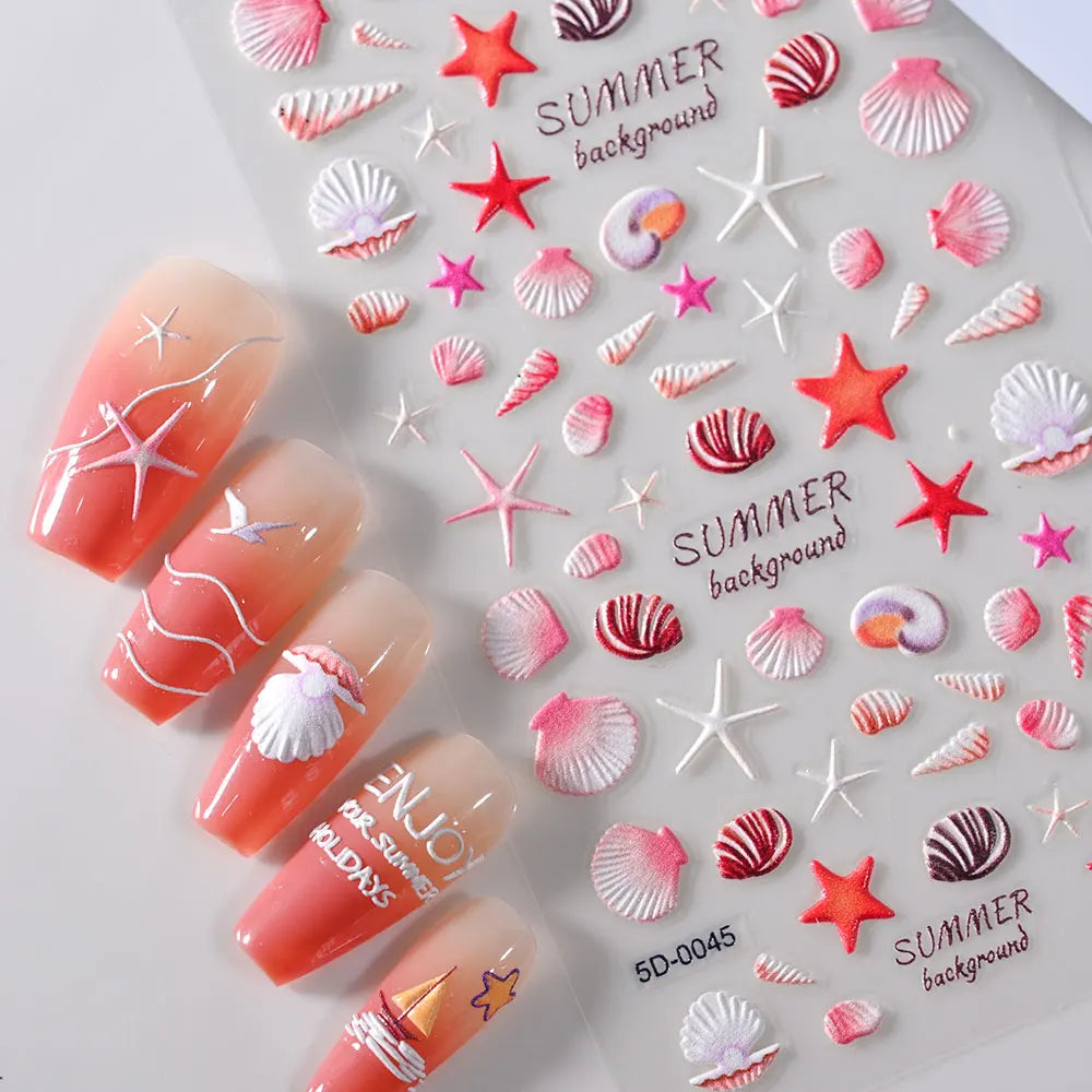 Summer Sea Shell 5D Nail Art Sticker Tropical Beach Coconut Slippers Decals Embossed  Conch Starfish Ocean Theme Nail Art Decor* (ONLINE ORDER ONLY)
