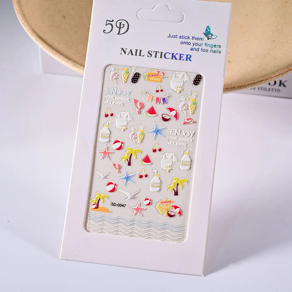 Summer Sea Shell 5D Nail Art Sticker Tropical Beach Coconut Slippers Decals Embossed  Conch Starfish Ocean Theme Nail Art Decor* (ONLINE ORDER ONLY)