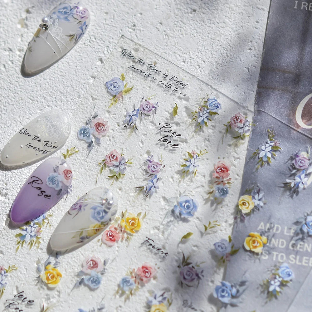 Watercolor Style Rose Flower Colored Rosa Chinensis 3D 5D Flat Reliefs Charming Self Adhesive Nail Art Stickers Manicure Decals (ONLINE ORDER ONLY)