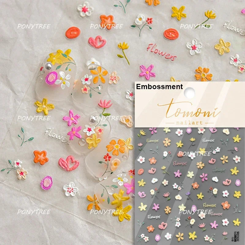 Chic Wild Flower Oil Painting Small Variegated Daisy Peach Blossom Lavender Petal Adhesive Nail Art Stickers Manicure Decals (Online Order Only)
