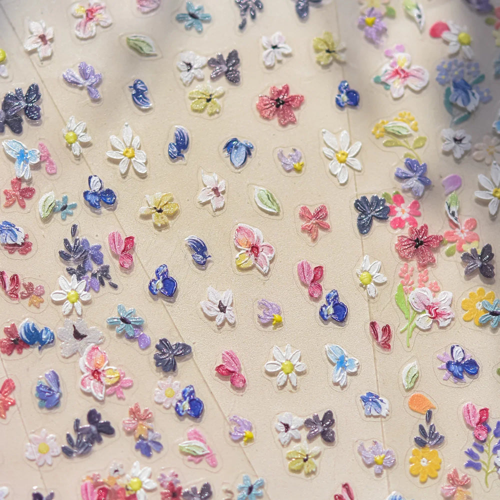 Wild Flower Oil Painting Small Variegated Daisy Peach Blossom Lavender Spring Petal Adhesive Nail Art Stickers Manicure Decals (Online Order Only)