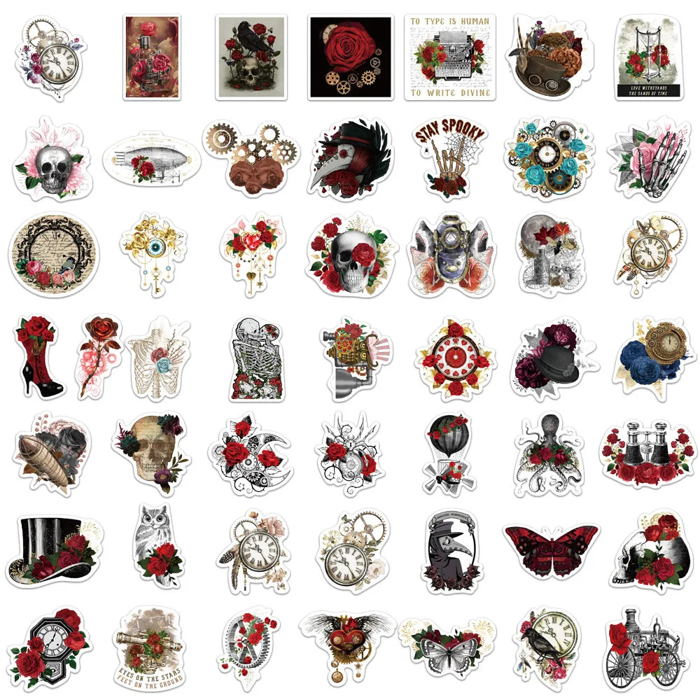10/50Pcs Punk Rose Stickers Gothic Retro Fashion Cool Girls Stickers For DIY Guitar Laptop Luggage Skateboard Bike Car (Online Order Only)