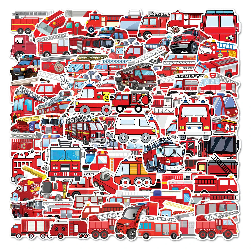 10/30/50/100PCS Cartoon Fire Engine Stickers Kids Decals Toy DIY Notebook Suitcase Phone Fridge Bike PVC Waterproof Sticker Gift (ONLINE ORDER ONLY)