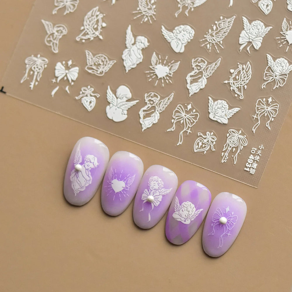 White Pink Baby Child Angel Wing Heart Bowknot Leaves Key Star Cupid's Arrow Archery Adhesive Nail Art Stickers Manicure Decals (ONLINE ORDER ONLY)