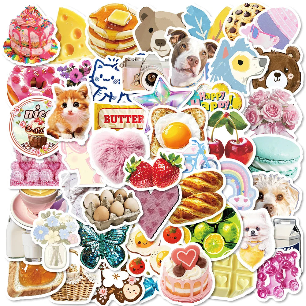 10/30/50PCS Ins Style Girls Cartoon Stickers Cute Dessert Animals Graffiti Decoration DIY Phone Notebook Fridge Suitcase Decals (ONLINE ORDER ONLY)
