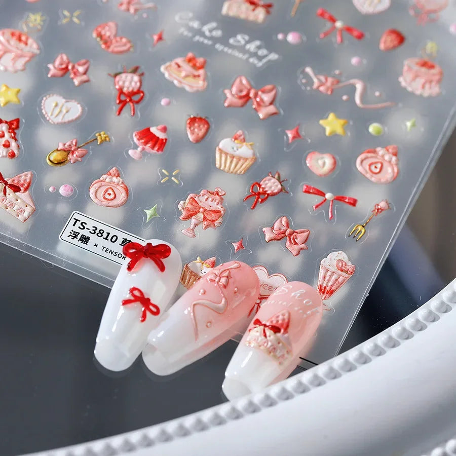 Chic Cute Cheese Ice Cream Pudding Bowknot Strawberry Muffin Stars Cake Embossed Heart Adhesive Nail Art Sticker Manicure Decals (ONLINE ORDER ONLY)