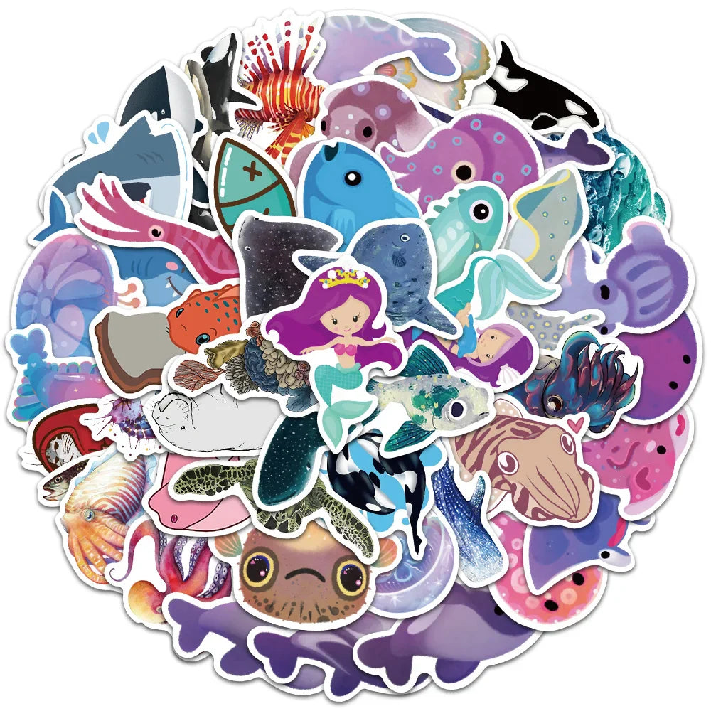 50pcs Cute Cartoon Ocean Series Animals Stickers For Luggage Laptop Guitar Skateboard Decor Waterproof Graffiti Car Decals (ONLINE ORDER ONLY)