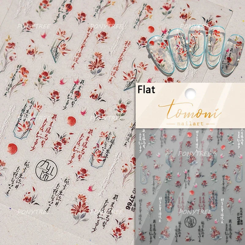 Chic Romantic Red White Flower Hot Stamping 5D Self Adhesive Nail Art Stickers Shiny Dreamy Camellia Rhinestone Manicure Decals (ONLINE ORDER ONLY)
