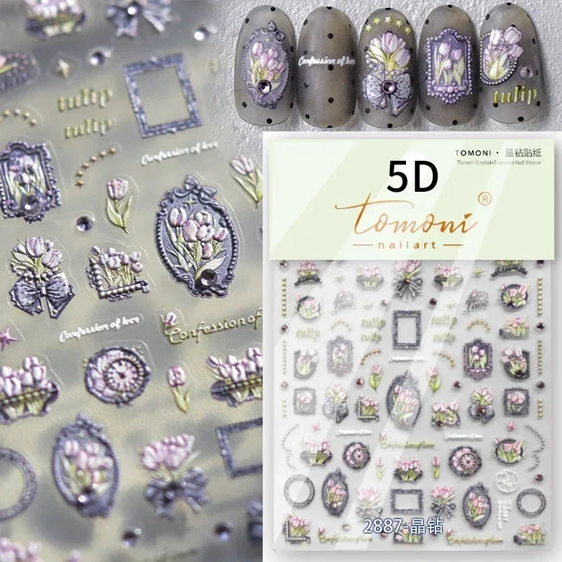 Chic Retro Rose Photo Frame Dried Flower Petal Self Adhesive Nail Art Stickers 5D Hot Stamping Relief Rhinestone Manicure Decals (Online Order Only)