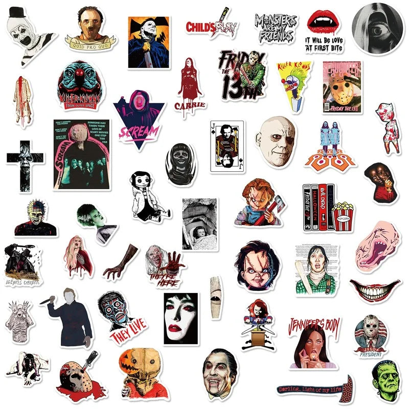 10/25/50pcs Mixed Horror Movie Sticker Packs, Chucky from Child’s Play, Jason, Killer Klowns, They Live, and more (ONLINE ORDER ONLY)