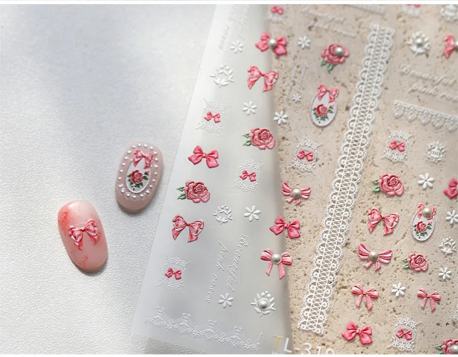 French Chic Mini Pink Rose Flower Bowknot Lace Ribbon Pearl White Little Flower Self Adhesive Nail Art Stickers Manicure Decals (ONLINE ORDER ONLY)