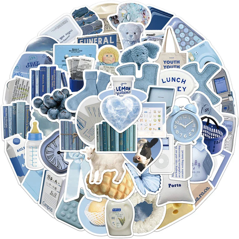10/30/60PCS Cute Blue INS Sticker Aesthetic Sketchbook PVC Laptop Diary Decoration Scrapbooking School Stationery Supply for Kid (ONLINE ORDER ONLY)