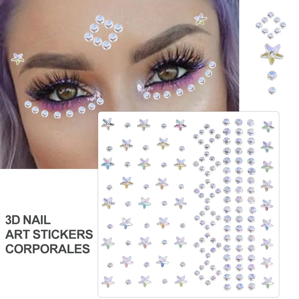 5Pcs Coloful Glitter Face Jewelry Sticker Crystal Eye Body Face Jewels Bady Makeup Tools Temporary Self-Adhesive Nail Rhinestone (ONLINE ORDER ONLY)