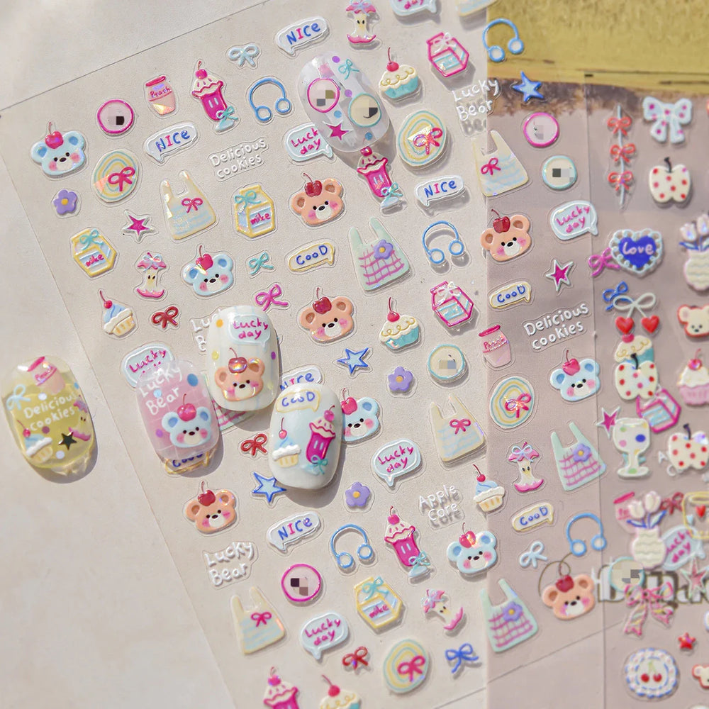 Cute Lucky Bear Apple Core Star Bowknot Flower Delicious Cookies Cherry Cake Dessert Milk Vase Adhesive Nail Art Stickers Decals (ONLINE ORDER ONLY)