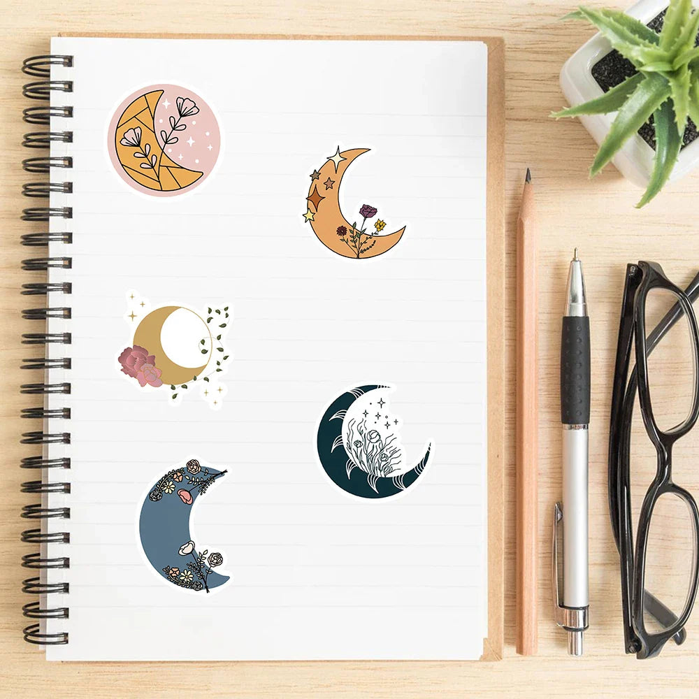10/30/50PCS Pretty Bohemia Flower Moon Stickers Aesthetic Decoration DIY Skateboard Guitar Laptop Scrapbook Fridge Decals Toys (ONLINE ORDER ONLY)