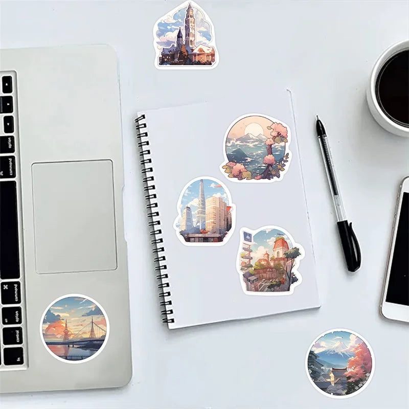 10/30/50PCS Cartoon Scenery PVC Sticker Aesthetic Korean Children's Decoration Scrapbooking Stationery School Supplies for Kid (ONLINE ORDER ONLY)
