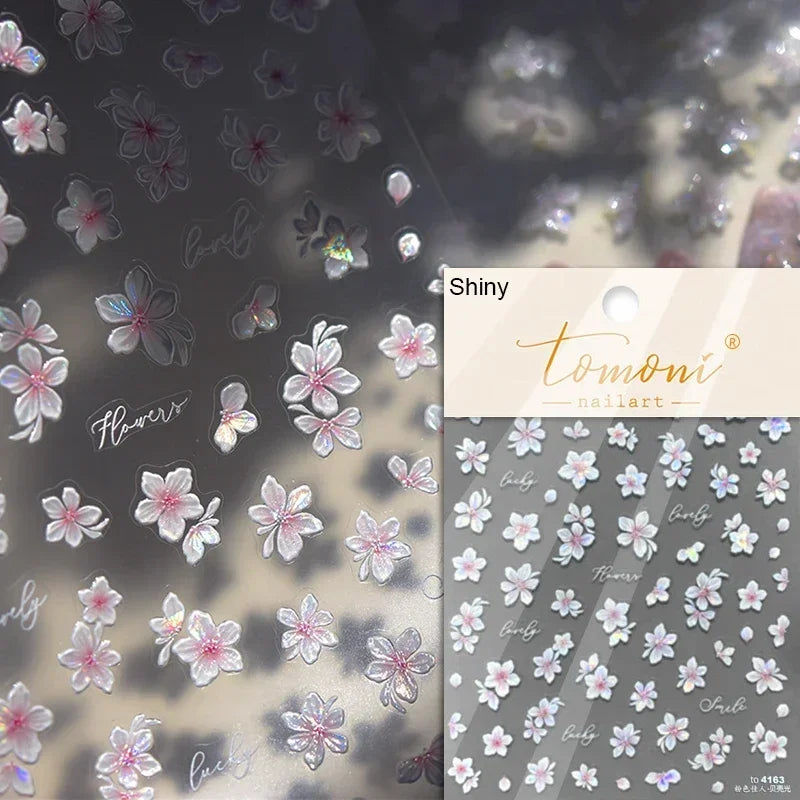 Gradient Coloredful Flower Petal Green Leaf Dreamy Shiny Chinese Rose Fantasy Relief Adhesive Nail Art Stickers Manicure Decals (Online Order Only)