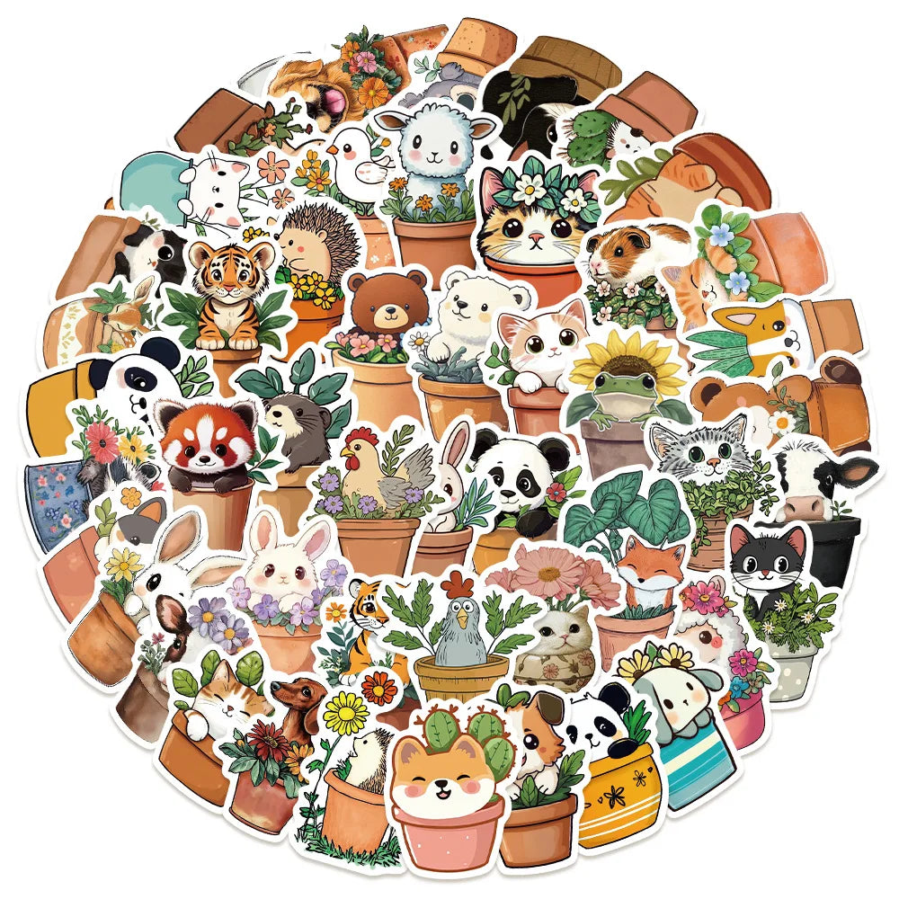 Cute Animal Flower Pot Stickers for Phone, Laptop, Luggage, Skateboard - 10/30/50PCS (Online Order Only)