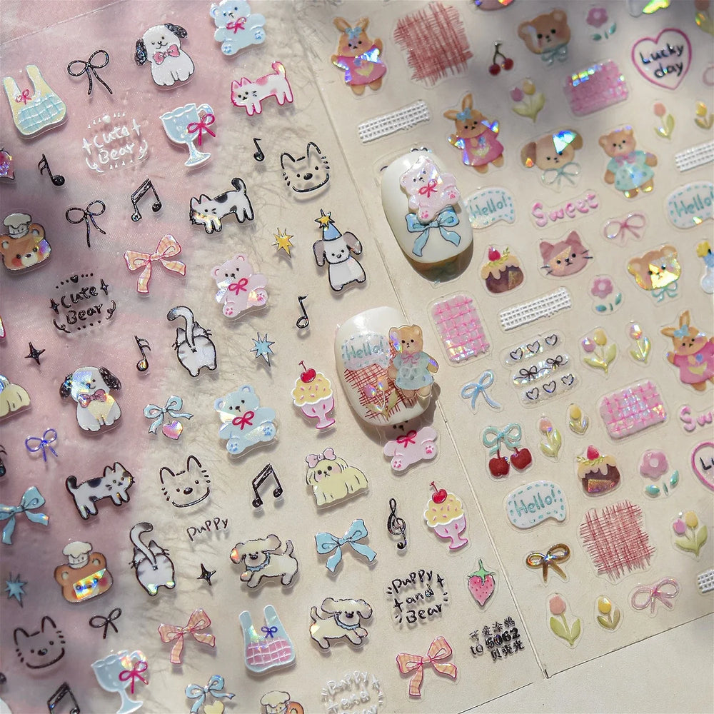Graffiti Bear Cat Kitten Dog Puppy Bowknot Cake Tulip Note Star Cherry Cup Adhesive Nail Art Decoration Sticker Manicure Decals (ONLINE ORDER ONLY)