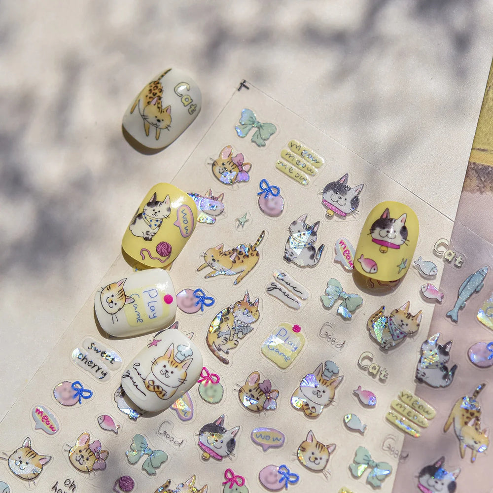 Cute Leopard Cat Ginger Cat Paw Bowknot Knitting Wool Ball Fish Self Adhesive Nail Art Stickers IllusionChic Manicure Decals (ONLINE ORDER ONLY)