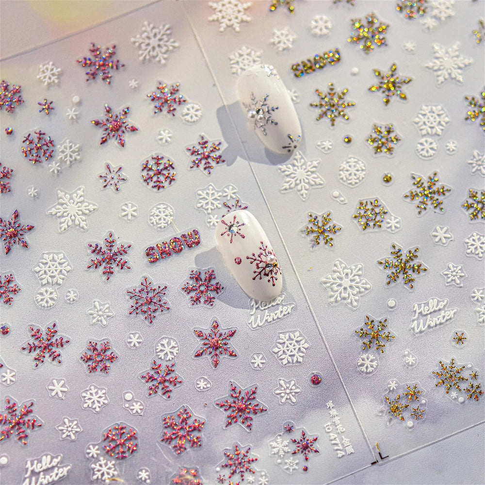 Shiny Snow Delicate Gold Pink Silver White Romantic Winter Self Adhesive Nail Art Stickers Snowflake Rhinestone Manicure Decals (ONLINE ORDER ONLY)