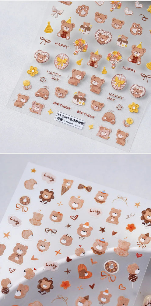 Cute Bear Teddy Birthday Party Maillard Bear Cake Flower Bouquet Lucky Love Heart 5D Adhesive Nail Art Sticker Manicure Decals (Online Order Only)