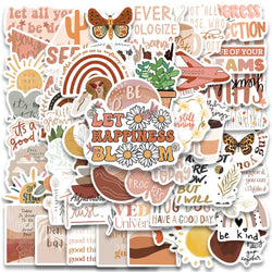 50pcs Retro Cartoon Boho Aesthetic Inspirational Stickers Bohemia Motivational Phrases Stickers Laptop Guitar Luggage Car Decals (ONLINE ORDER ONLY)