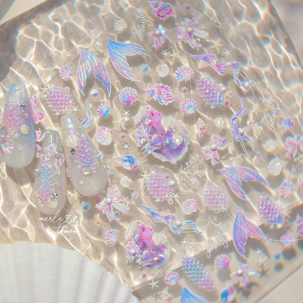 Mermaid Girl Conch Starfish Shell Bowknot Fish Scale Purple Ribbon Water Bubbles Chic Adhesive Nail Art Sticker Manicure Decals (ONLINE ORDER ONLY)