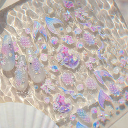 Mermaid Girl Conch Starfish Shell Bowknot Fish Scale Purple Ribbon Water Bubbles Chic Adhesive Nail Art Sticker Manicure Decals (ONLINE ORDER ONLY)